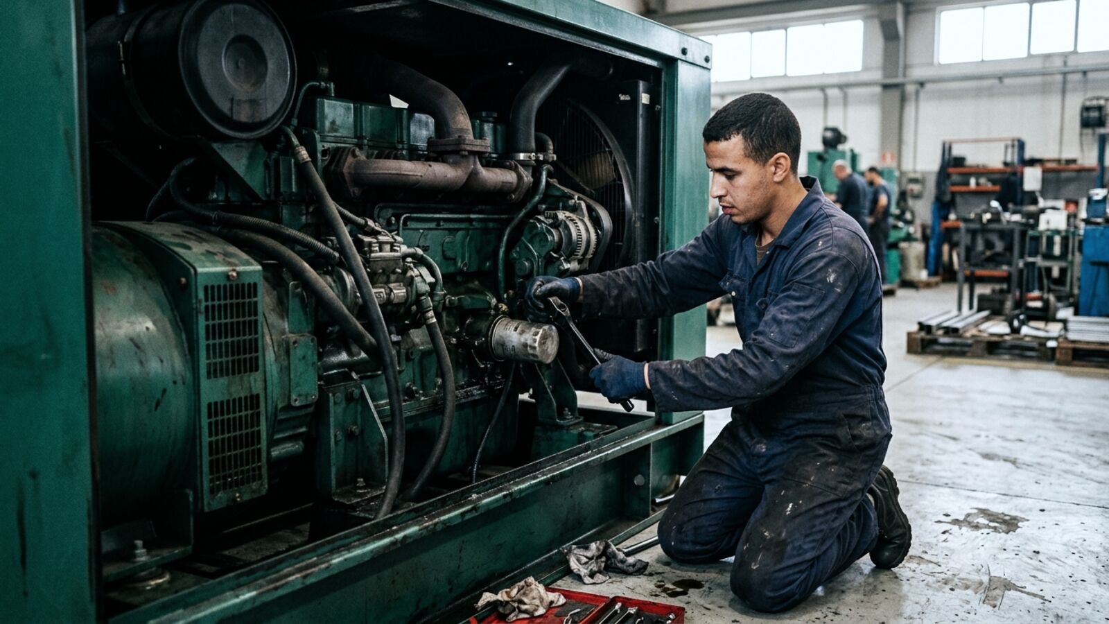 Entretien d'un groupe électrogène par un technicien dans le Souss-Massa
