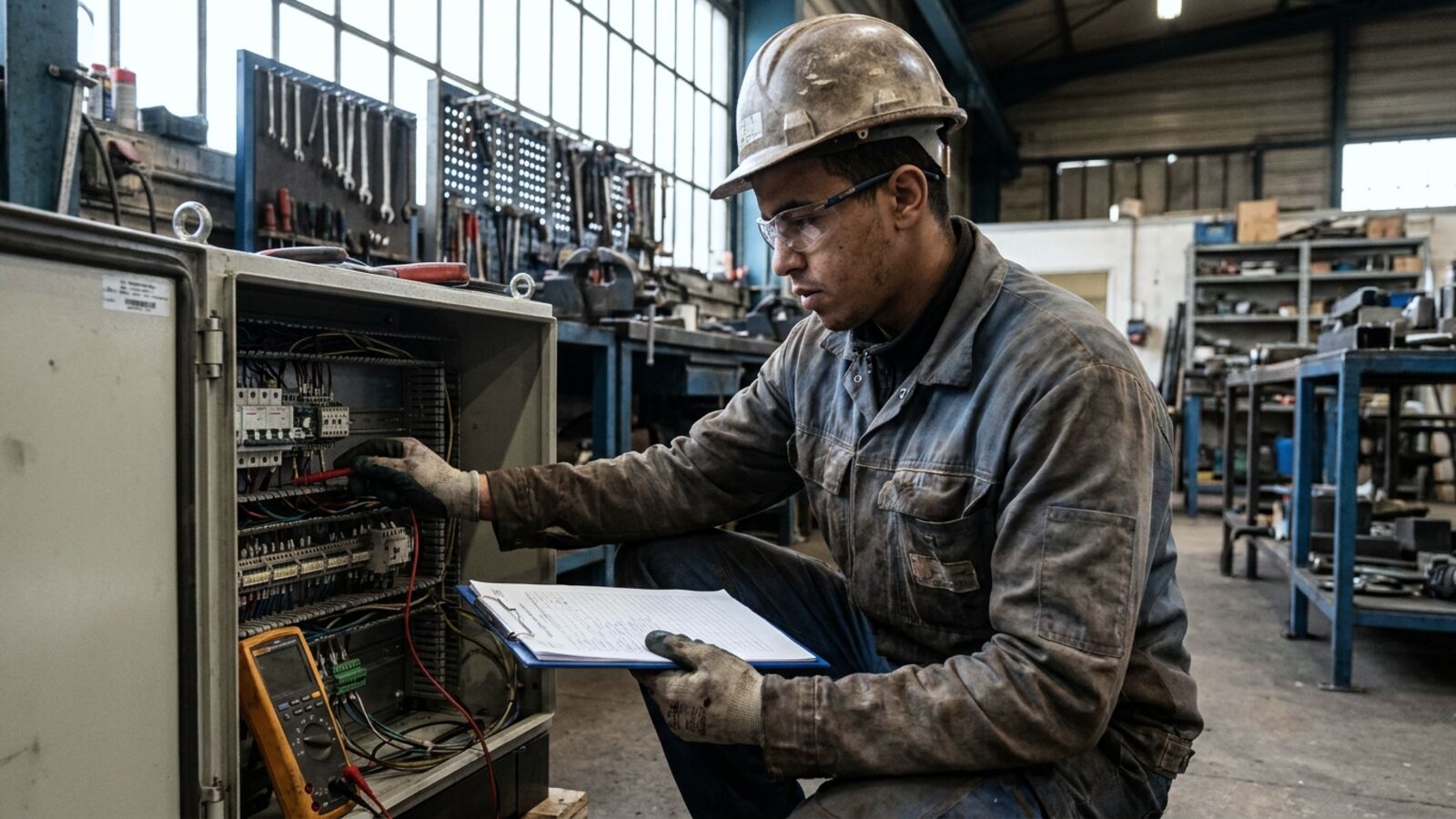 Technicien contrôlant une armoire électrique lors d'une maintenance préventive