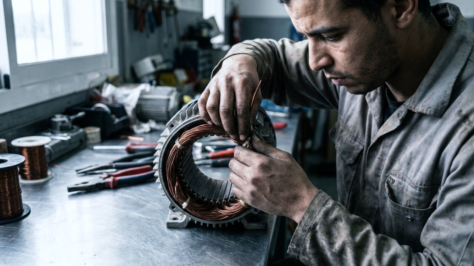 Rebobinage d'un stator de moteur électrique sur établi en acier à Aït Melloul
