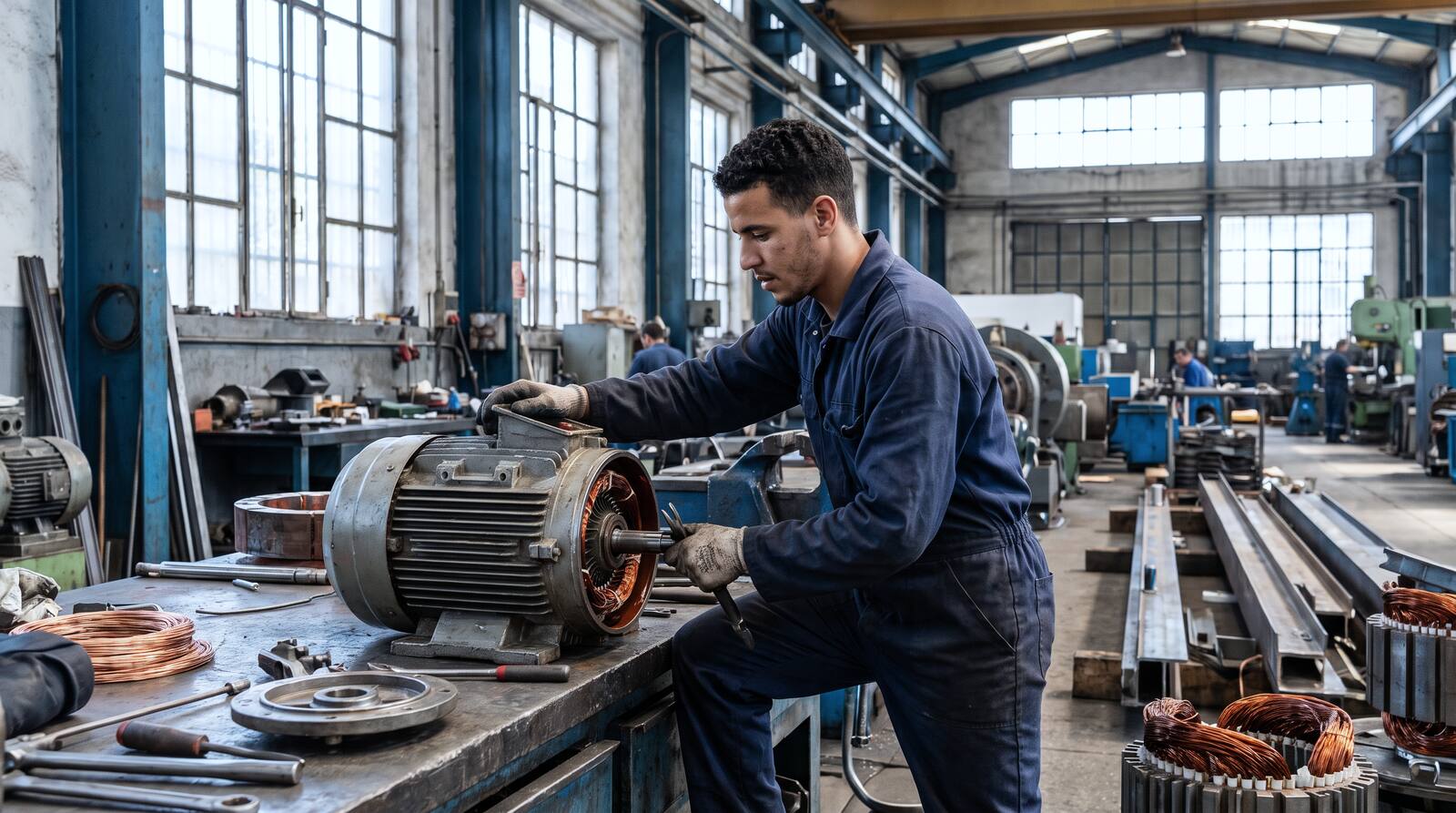 Électromécanicien, rebobinage (bobinage) d'un moteur électrique, atelier à Aït Melloul